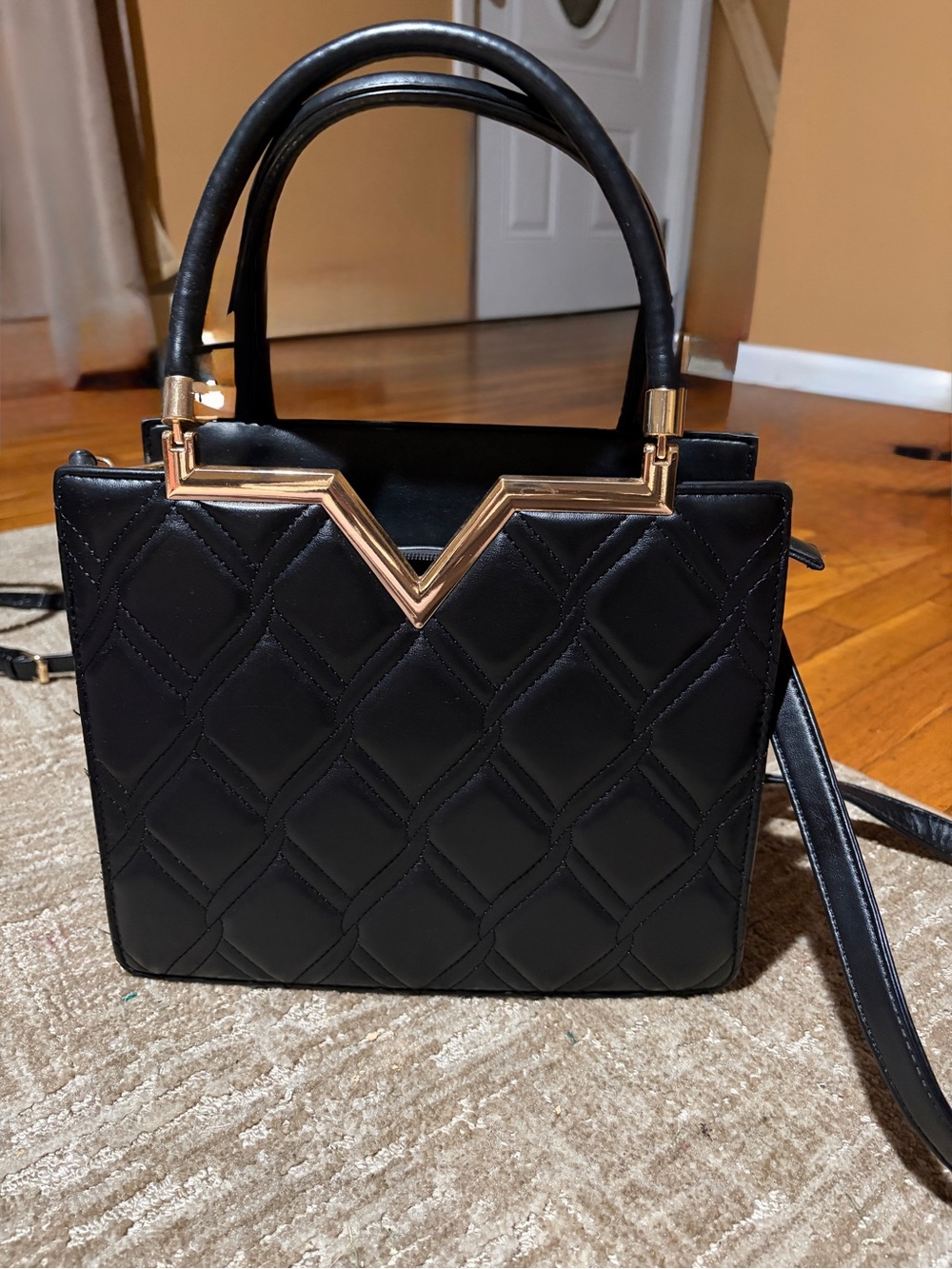 Black Quilted Top-Handle Tote with Gold Accent
